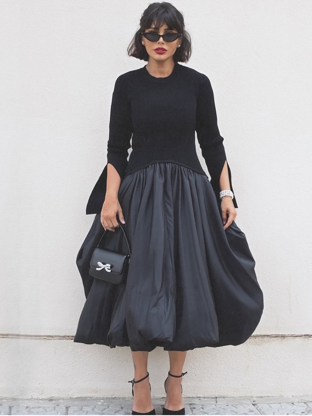 SIMKHAI Kenlie Ribbed Knit Taffeta Dress Black ASO Taylor Swift